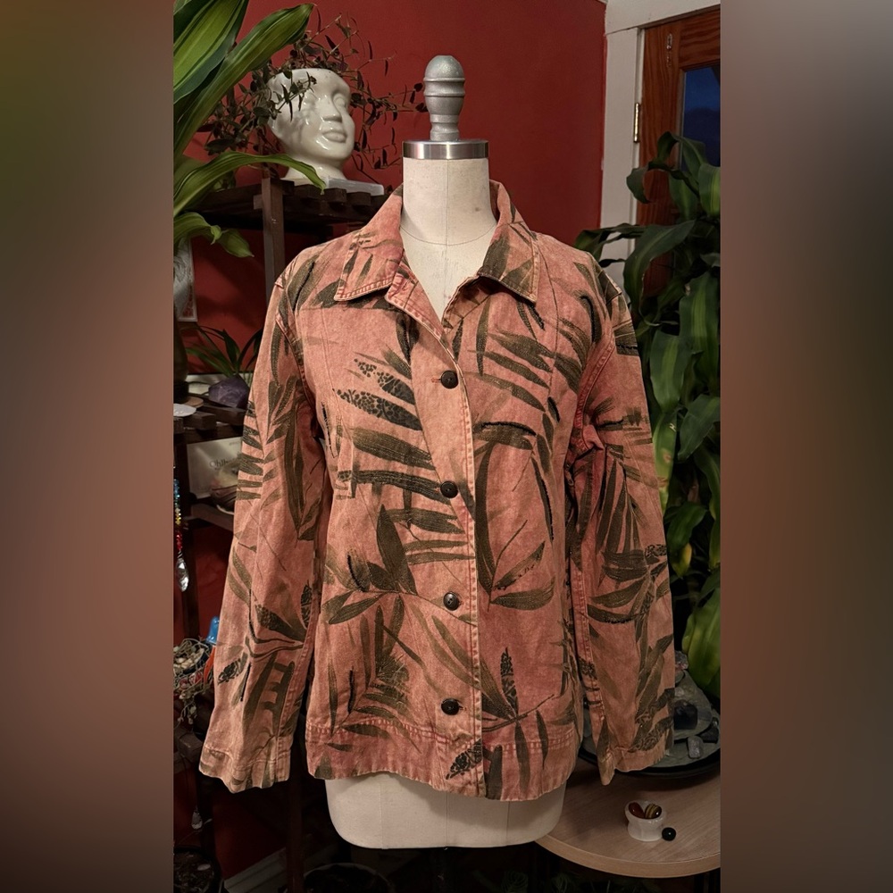 Chico's rust and Black Leaf Print Jean Jacket